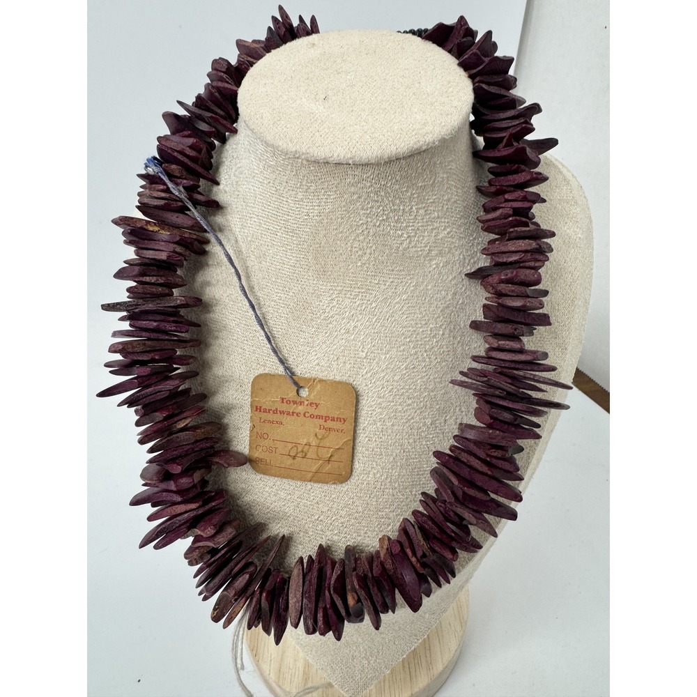 Vintage Purple Hand Carved Wood Chip Statement Necklace Boho Earthy 18 Inch